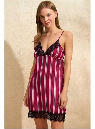 Kadın Saten Çizgili İp Askılı Dantelli Kısa Gecelik (5643)