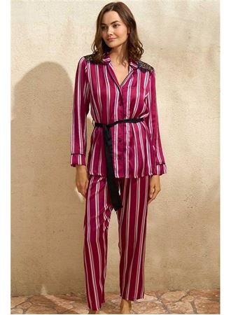 Kadın Saten Çizgili Düğmeli Uzun Kol Dantelli Gömlek ve Pantolon Pijama Takım (9765)