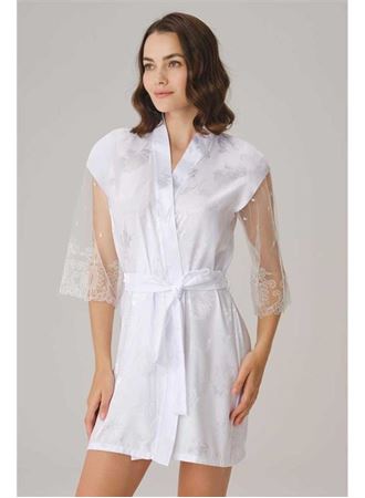 Çeyizlik Uzun Kol V Yaka Kadın Saten Düz Yazlık Mini Dantel Detaylı Sabahlık Anıl 5784
