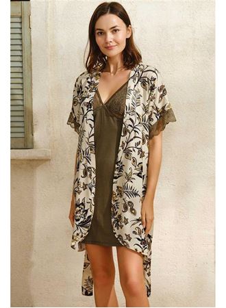 Kadın Dokuma Viskon Çiçek Baskılı Sabahlık ve Dantelli Kısa Gecelik Takım (5708)