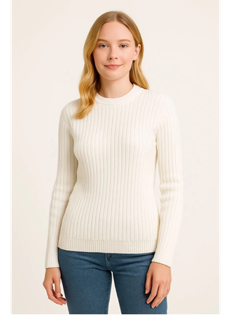 Bisiklet Yuvarlak Yaka Triko Kazak Pamuklu Kalın Fitilli Dokuma, Regular Fit Uzun Kollu Kışlık Model - Beyaz