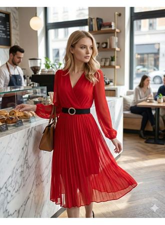 Kadın şifon Kumaş Astalı Kloş Kesim Kruvaze Yaka Midi Boy Elbise