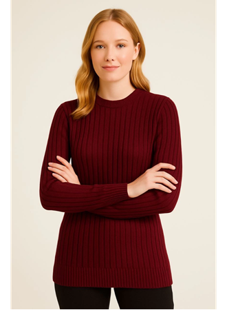 Bisiklet Yuvarlak Yaka Triko Kazak Pamuklu Kalın Fitilli Dokuma, Regular Fit Uzun Kollu Kışlık Model - Bordo