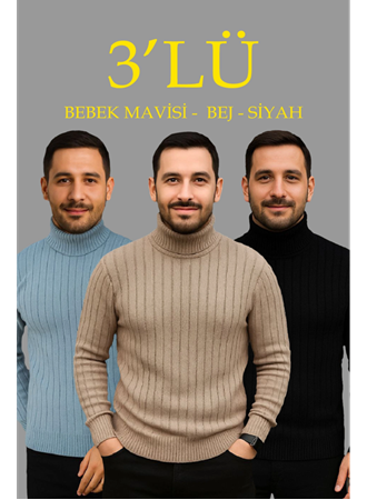 Erkek Fitilli Triko Kazak 3lÜ Set Bebek Mavisi Bej Siyah Regular Balıkcı Yaka Tam Boğazlı Triko Seti Modeli Kazak