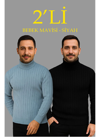 Erkek Fitilli Triko Kazak 2li Set Bebek Mavisi Siyah Regular Balıkcı Yaka Tam Boğazlı Triko Seti Modeli Kazak