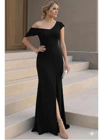 Kadın Tek Omzu Açık Kısa Kollu önden Yırtmaçlı Uzun Ithal Krep Elbise