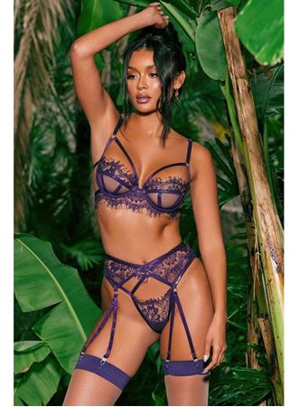 Transparan Britli Dantel Mor Jartiyer Takım