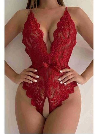 Kırmızı Özel Bölgesi Açık Fiyonklu Dantel Fantezi Body