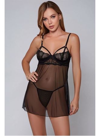 Özel Tasarım Siyah Dantel İşlemeli Fantezi Tül Gecelik Takımı