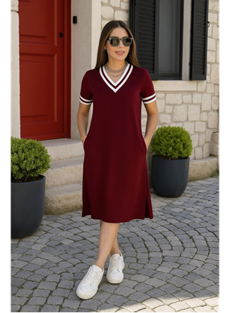 Kadın Kısa Kollu V Yaka Ve Yaka Ribana Detay Midiboy Viskon Elbise