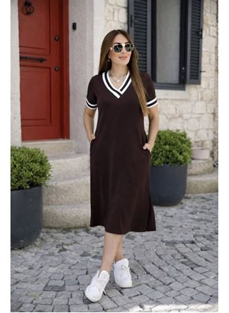 Kadın Kısa Kollu V Yaka Ve Yaka Ribana Detay Midiboy Viskon Elbise