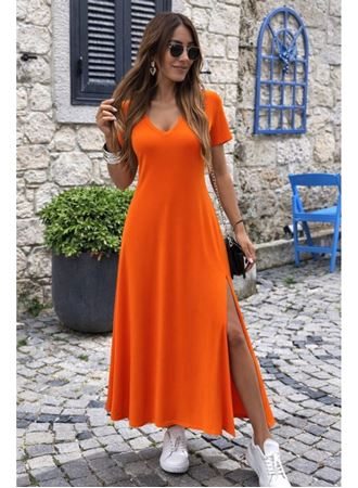 Kadın Kısa Kollu V Yakalı Maksi Boy Viskon Elbise