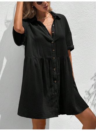Kadın Kısa Kollu Yakalı önden Düğmeli Kısa Bürümcük Elbise
