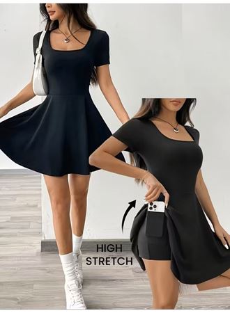 Kadın Kısa Kollu Kare Yakalı Cep Detaylı Dalgıç Elbise Tulum