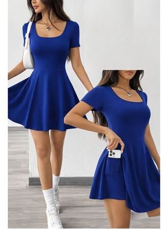 Kadın Kısa Kollu Kare Yakalı Cep Detaylı Dalgıç Elbise Tulum