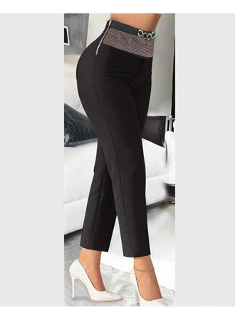 Kadın Yüksek Bel önden Taşlı Ve Tokalı Ithal Krep Pantolon