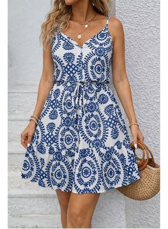 Kadın Ip Askılı V Yakalı Düğmeli Desenli Kısa Süprem Elbise