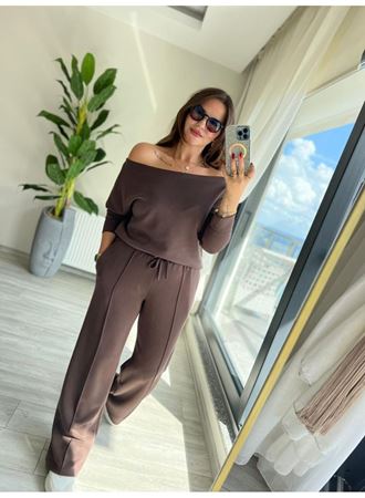 Kadın Uzun Kollu Tek Omuzdan Açık Modal Bluz Ve Pantolon Ikili Takım