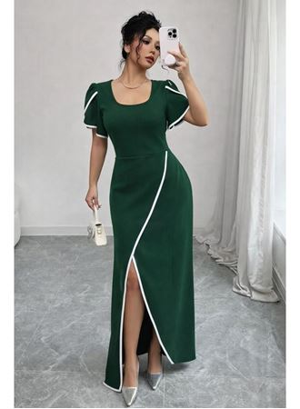 Kadın Kısa Kollu Kare Yakalı önden çapraz Kesim Detaylı Krep Elbise