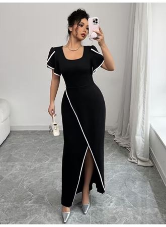 Kadın Kısa Kollu Kare Yakalı önden çapraz Kesim Detaylı Krep Elbise