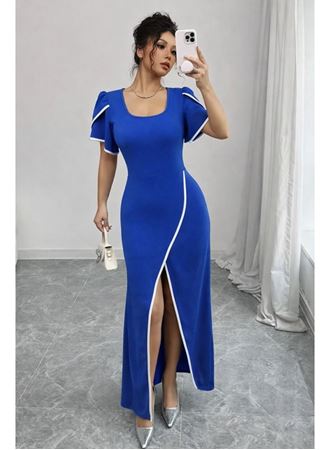 Kadın Kısa Kollu Kare Yakalı önden çapraz Kesim Detaylı Krep Elbise