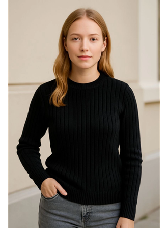 Bisiklet Yuvarlak Yaka Triko Kazak Pamuklu Kalın Fitilli Dokuma, Regular Fit Uzun Kollu Kışlık Model - Siyah