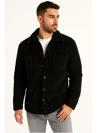 Erkek Pelüş Polar Hırka Gömlek – Yakalı, İlik Düğmeli, Göğüs Cepli, Yumuşak Dokulu Kışlık Regular Fit Rahat Günlük Model - Siyah