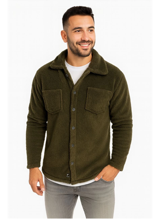 Erkek Pelüş Polar Hırka Gömlek – Yakalı, İlik Düğmeli, Göğüs Cepli, Yumuşak Dokulu Kışlık Regular Fit Rahat Günlük Model - Haki