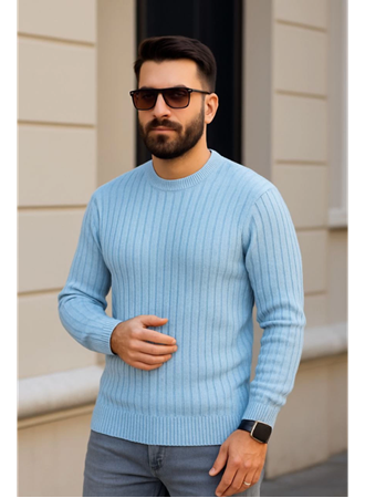 Erkek Bisiklet Yuvarlak Yaka Triko Kazak Pamuklu Kalın Fitilli Dokuma, Regular Fit Uzun Kollu Kışlık Model - Bebe Mavisi