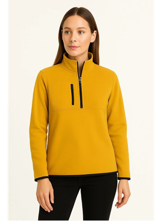 Polar Kazak – Dik Yaka, Yarım Fermuarlı, Fermuarlı Göğüs Cepli, Siyah Biyeli, Kışlık Rahat Regular Fit Günlük Model - Sarı