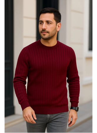 Erkek Bisiklet Yuvarlak Yaka Triko Kazak Pamuklu Kalın Fitilli Dokuma, Regular Fit Uzun Kollu Kışlık Model - Bordo