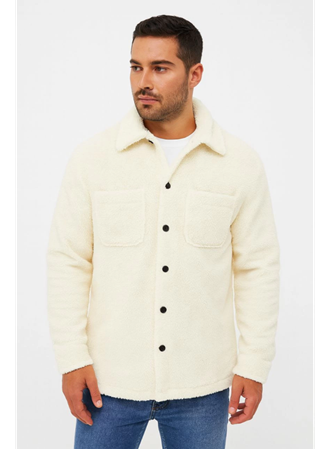 Erkek Pelüş Polar Hırka Gömlek – Yakalı, İlik Düğmeli, Göğüs Cepli, Yumuşak Dokulu Kışlık Regular Fit Rahat Günlük Model - Beyaz