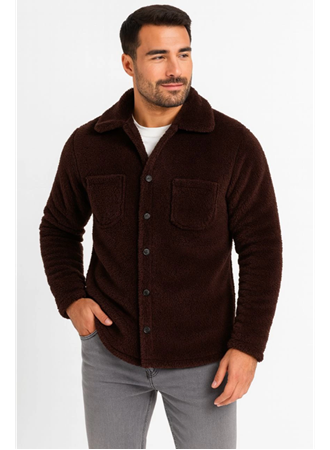 Erkek Pelüş Polar Hırka Gömlek – Yakalı, İlik Düğmeli, Göğüs Cepli, Yumuşak Dokulu Kışlık Regular Fit Rahat Günlük Model - Kahverengi