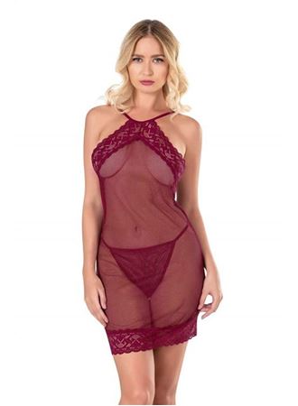 Bordo Kısa File-Tül Gecelik 8132