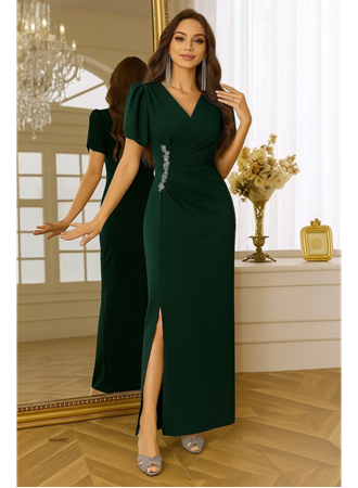 Kadın Kısa Kollu Kruvaze Yakalı Belden çiçek Aksesuarlı Yırtmaçlı Ithal Krep Elbise