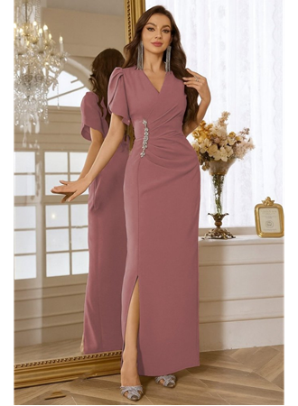 Kadın Kısa Kollu Kruvaze Yakalı Belden çiçek Aksesuarlı Yırtmaçlı Ithal Krep Elbise