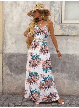 Kadın Ip Askılı V Yakalı Beli Dantelli Uzun Süprem Elbise