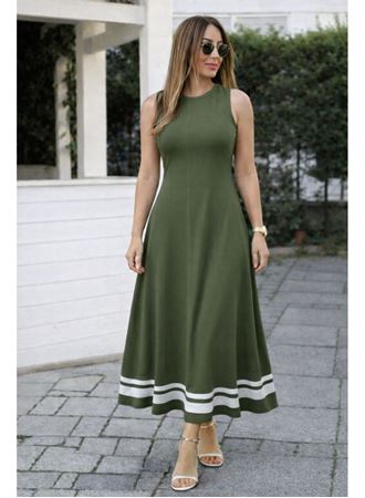 Kadın Askılı Yuvarlak Yakalı Etek Ucu şerit Detaylı Uzun Viskon Elbise