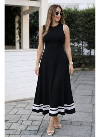 Kadın Askılı Yuvarlak Yakalı Etek Ucu şerit Detaylı Uzun Viskon Elbise