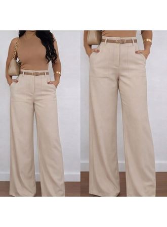 Kadın Yüksek Bel Geniş Paça Detaylı Cepli Ithal Krep Pantolon