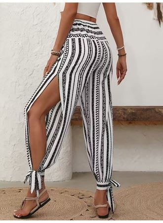 Kadın Yüksek Bel Desenli Paçadan Bağlamalı Yanları Yırtmaçlı Süprem Pantolon