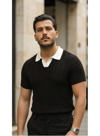 Erkek Desenli Kısa Kollu Triko Tişört - %100 Pamuk Akrilik