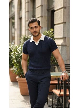 Erkek Desenli Kısa Kollu Triko Tişört - %100 Pamuk Akrilik