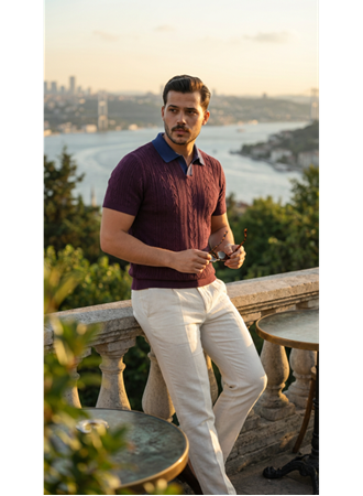 Erkek Desenli Kısa Kollu Triko Tişört - %100 Pamuk Akrilik