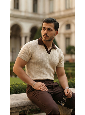 Erkek Desenli Kısa Kollu Triko Tişört - %100 Pamuk Akrilik