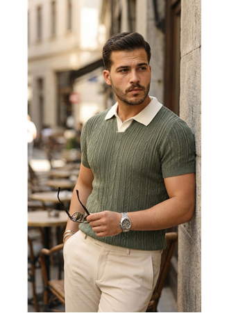 Erkek Desenli Kısa Kollu Triko Tişört - %100 Pamuk Akrilik