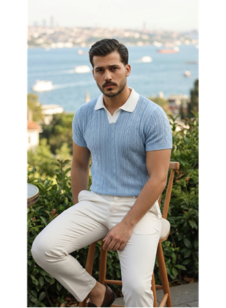 Erkek Desenli Kısa Kollu Triko Tişört - %100 Pamuk Akrilik