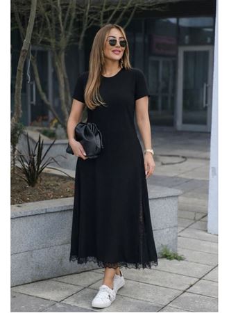 Kadın Kısa Kollu Bisiklet Yaka Yandan Yırtmaçlı Dantel Detaylı Uzun Viskon Elbise