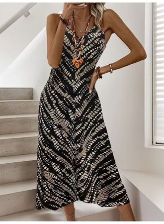 Kadın Ip Askılı V Yakalı Desenli Uzun Süprem Elbise