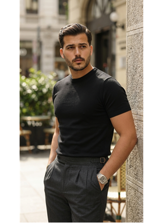 Erkek Basic Bisiklet Yaka Kısa Kollu Triko Tişört - %100 Pamuk Akrilik